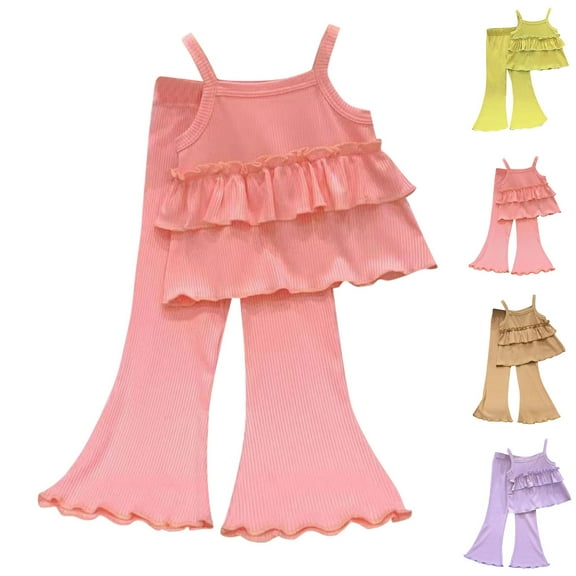 Bovxnpu Girls Summer Outfits, Girl's 2 Piece Boho Outfits Pleated Tank Top and Wide Leg Flared Pants Set, Children's Summer Outfit Flared Pants Casual Suit Loose And Thin 4-5 Years