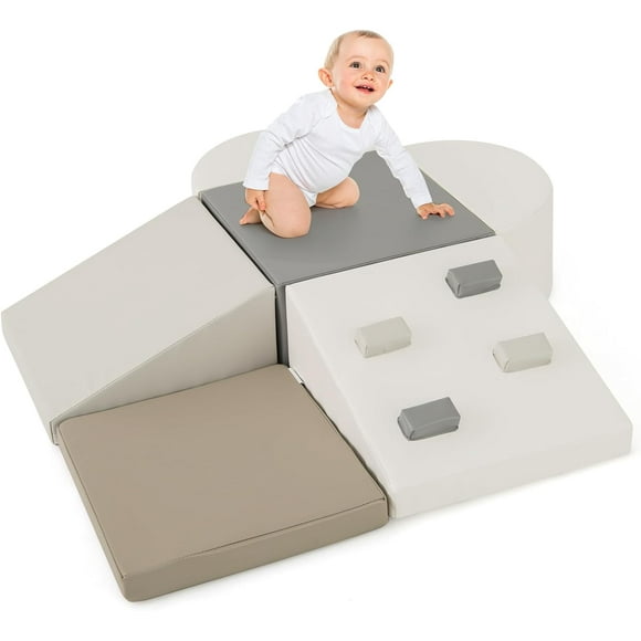 OLAKIDS Climbing Toys for Toddlers, 6 Pieces Baby Foam Blocks Soft Play Set with PU Leather, Indoor Kids Climb and Crawl Sliding Activity Structure Gym Playground Climber