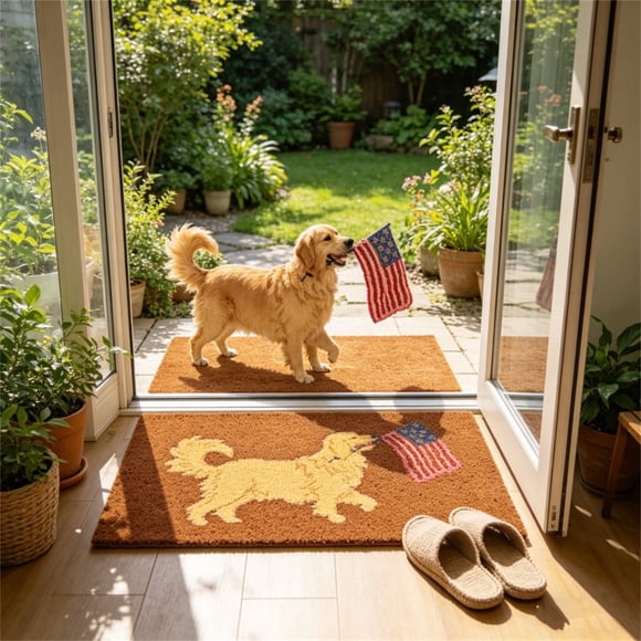 Golden Retriever American Flag Doormat, 24x36 Inch Patriotic Dog Welcome Mat, Non Slip Coir Floor Rug For Entryway Front Door Porch Patio Holiday Decor