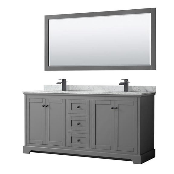 0.75 x 72 x 22 in. Avery Double Bathroom Vanity with White Carrara Marble Countertop, Undermount Square Sink Matte Black Trim & 70 in. Mirror, Dark Gray