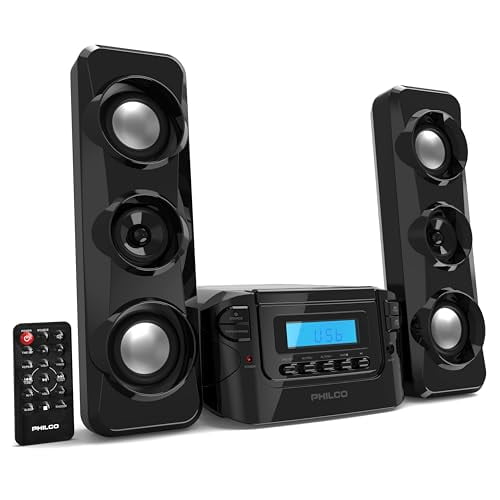 Philco Stereo Shelf Systems Sistema compacto de estantería para CD con radio estéreo FM digital, tecnología inalámbrica Bluetooth y control remoto en negro | Pantalla LCD | Compatible con puerto MP3 y