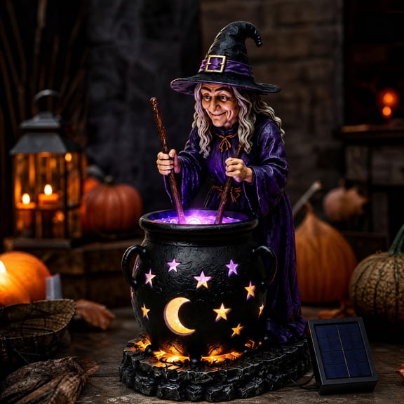 Halloween Solar Decor Witch with Glowing Cauldron, Resin Outdoor Yard Patio Lawn Lighted Figurine