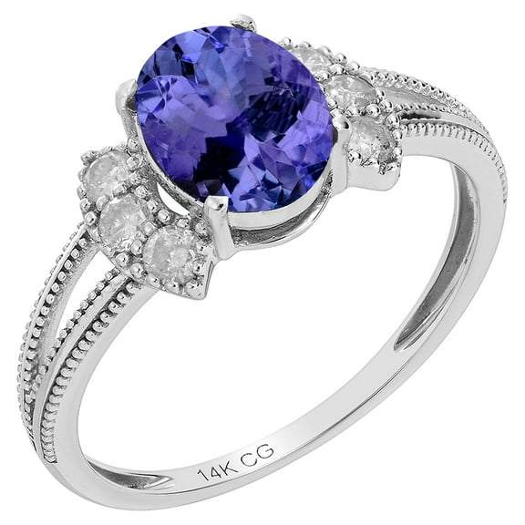 14k Solid White Gold Vintage Style Oval Natural Tanzanite and Split-Shank Diamond Birthstone Engagement Ring