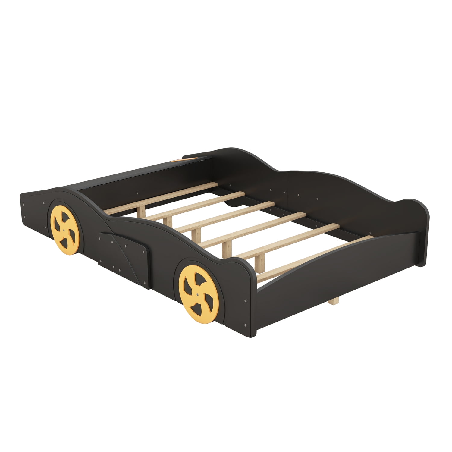 Harper & Bright Designs Full Size Race Car Bed Platform Bed for Kids, Wood Car-Shaped Kids Bed Frame with Storage and Wheels for Boys Girls, Black