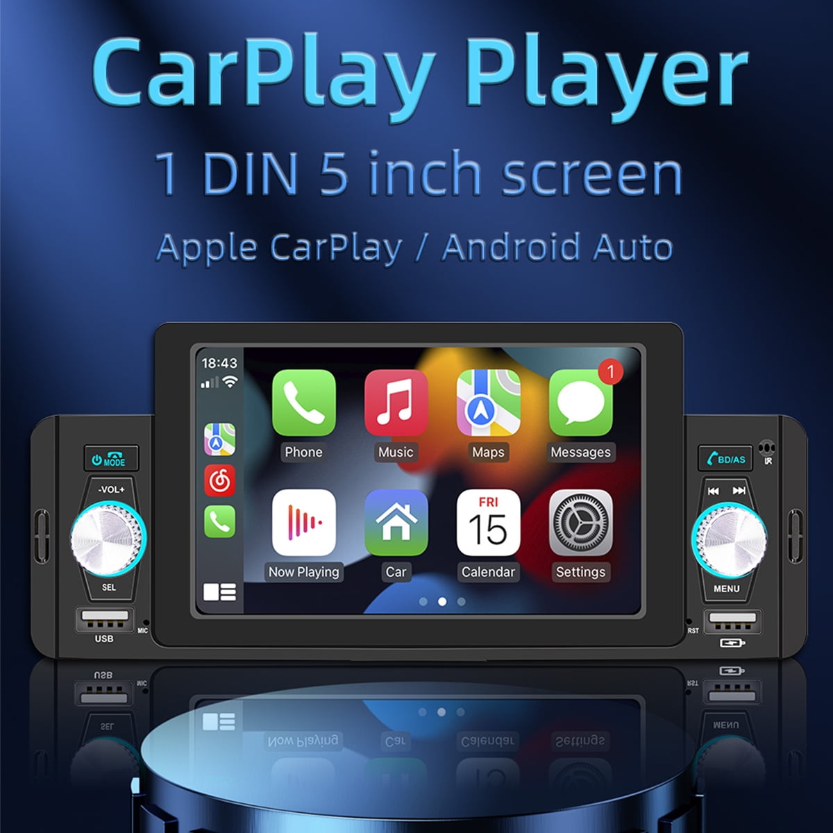 Radio 1 Din MP5 con pantalla táctil, Android auto y Apple car play