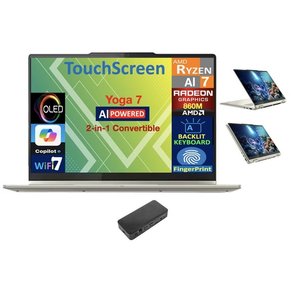 Lenovo Yoga 7 AI Powered 2-in-1 Laptop 14.0in Touchscreen OLED WUXGA Display (AMD Ryzen AI 7 350, 16GB LPDDR5X, 1TB M.2 PCIe SSD, Backlit KB, Fingerprint, WiFi 7, Webcam, Win 11 Pro) w/USB-C Dock