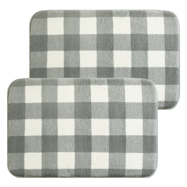 Dearfoams 2pc Printed Faux Fur Buffalo Plaid Rug, Grey & White, 18" x
