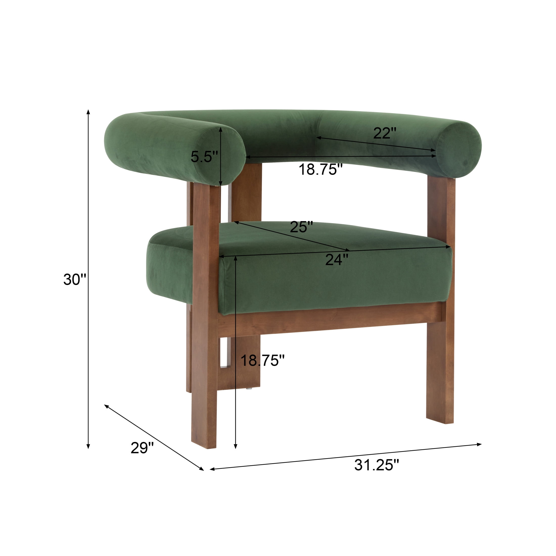 Ralis Modern Upholstered Velvet Accent Arm Chair, Wood, Green + Walnut