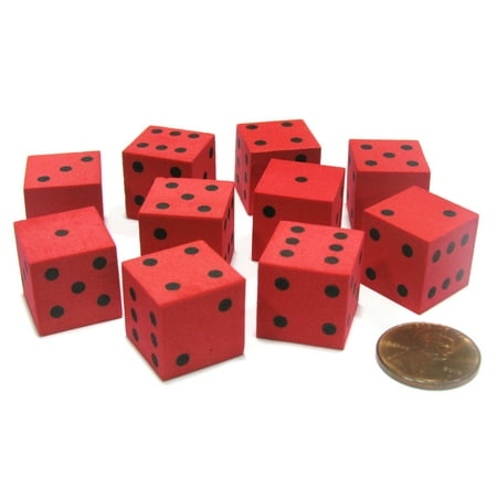 Koplow Games Set of 10 D6 16mm Foam Dice with Square Corners - Red with Black Spots #16796