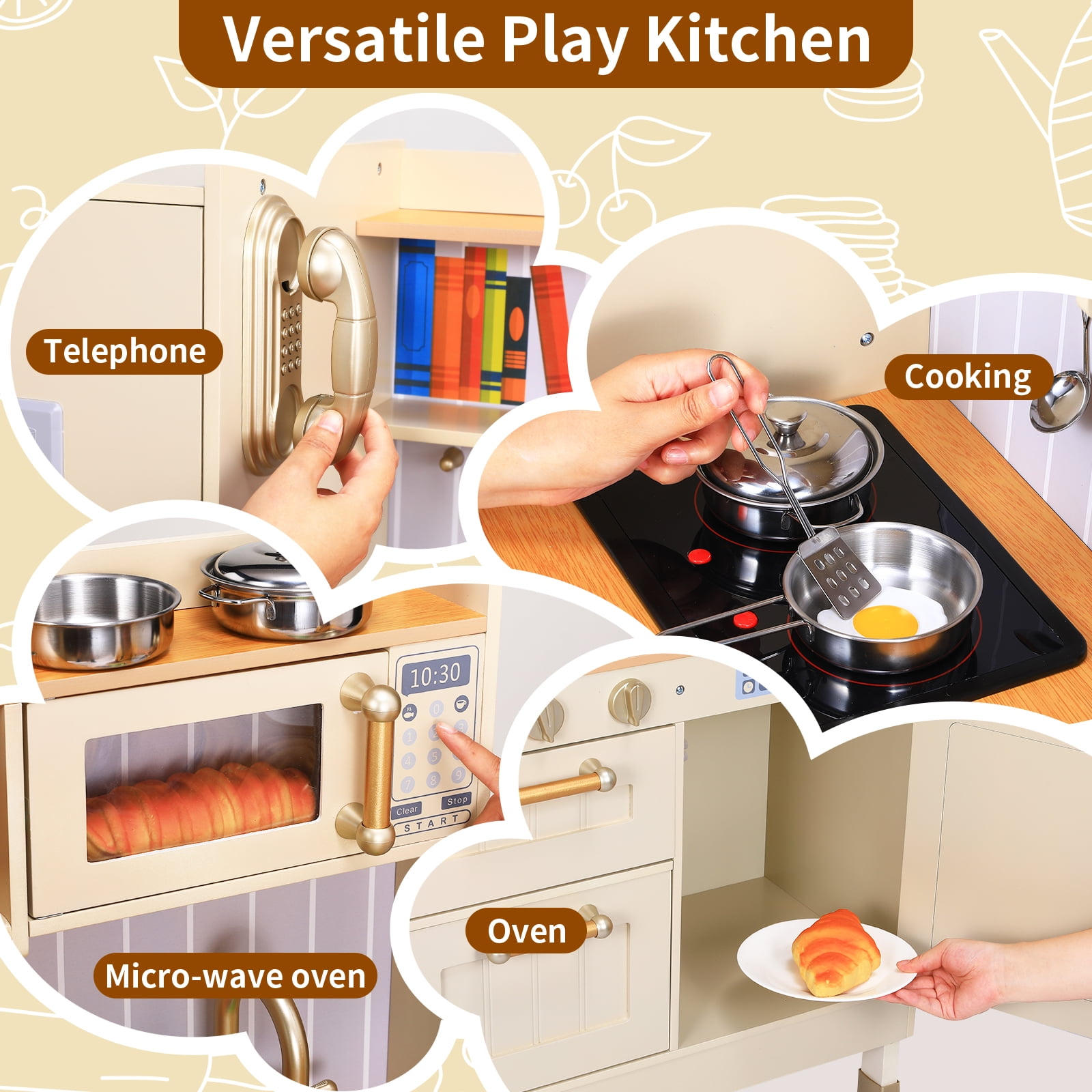 Arlopu Kids Play Kitchen, Ultimate Interactive Wooden Pretend Kitchen Playset with Telephone, Utensils, Oven, Sink, Gift for Boys Girls