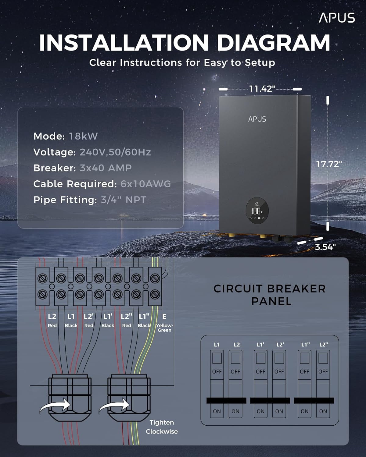 18kW Electric Tankless Water Heater, 240V , with LED Display, Energy-Saving Whole House Water Heating System