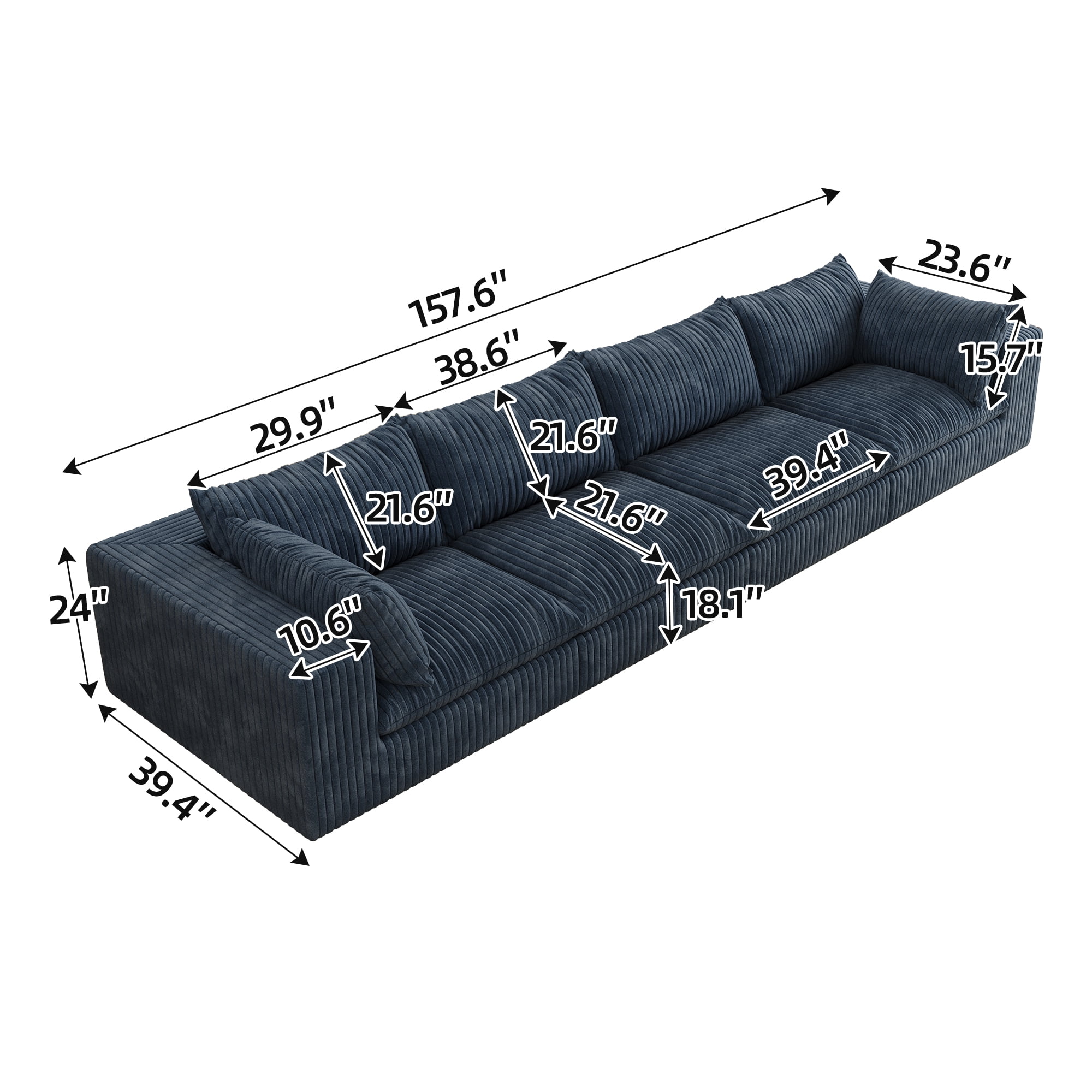 MAYEERTY 157.6" Cloud Sofa Blue Corduroy Deep Seat Double-Layer Removable Cushion No Assembly Multi-Rooms