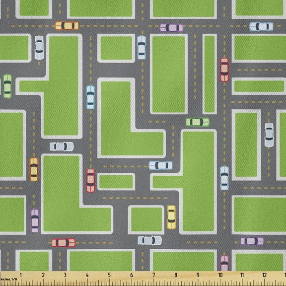 Car Race Track Fabric by The Yard, Cartographic Intersecting Roads Activity Identical Automobiles Nursery, Microfiber Fabric for Arts and Crafts Textiles & Decor, 1 Yard, Grey Green, by Ambesonne