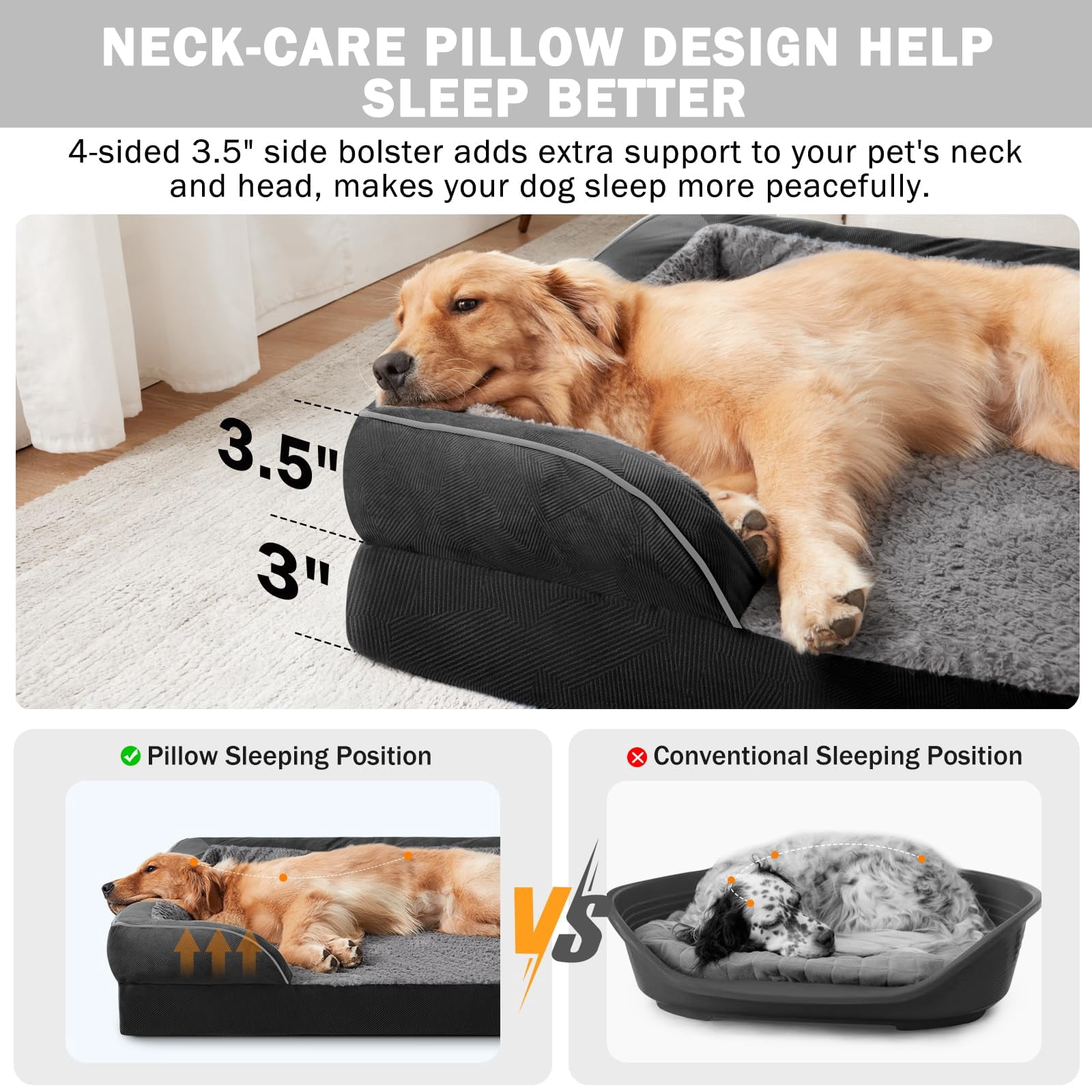 Dog Bed Large Black 35"x25"x6.5" Orthopedic Egg-Crate Foam Washable