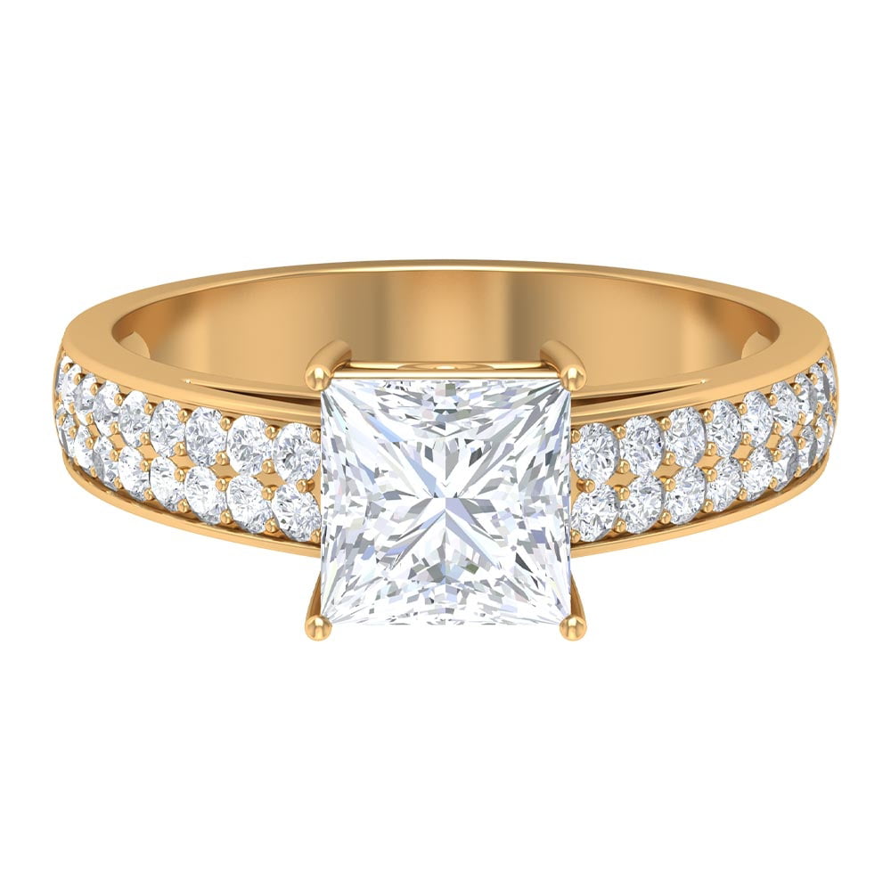 3.40 Carat Princess Shape Solitaire With Accents Ring In 14KT Yellow Gold 
