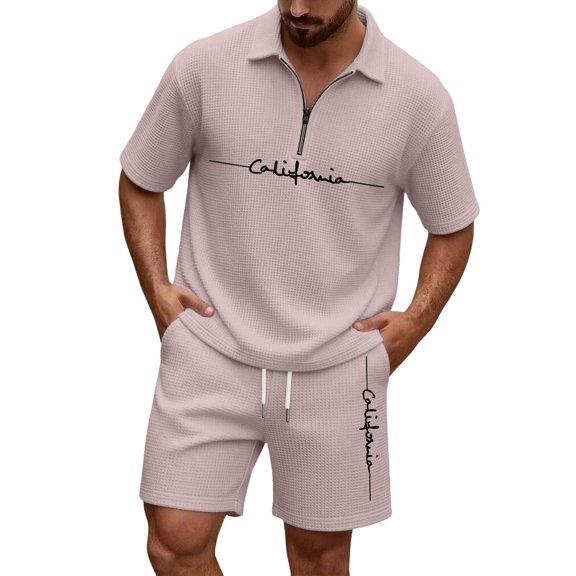 Men Solid Waffle Knit 2 Piece Set,Zip Neck Polo With California Letter Print & Drawstring Shorts Summer Casual Outfit Khaki L