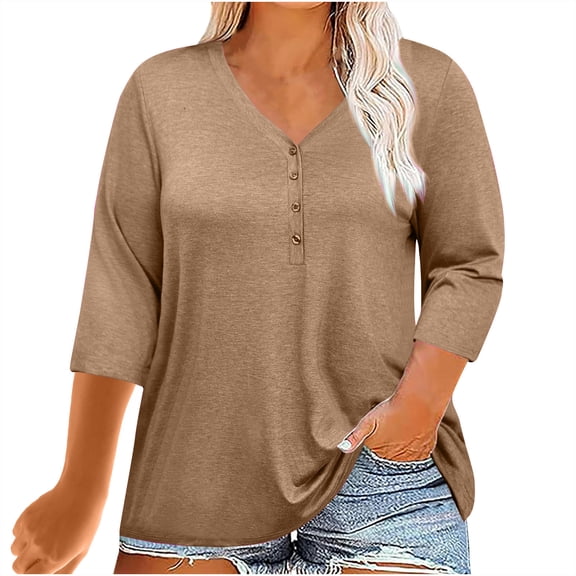 Htigea Womens Plus Size Tops V Neck 3/4 Sleeve Shirts Casual Loose Tunic Tops Button Pullover Summer Blouses Khaki,2XL