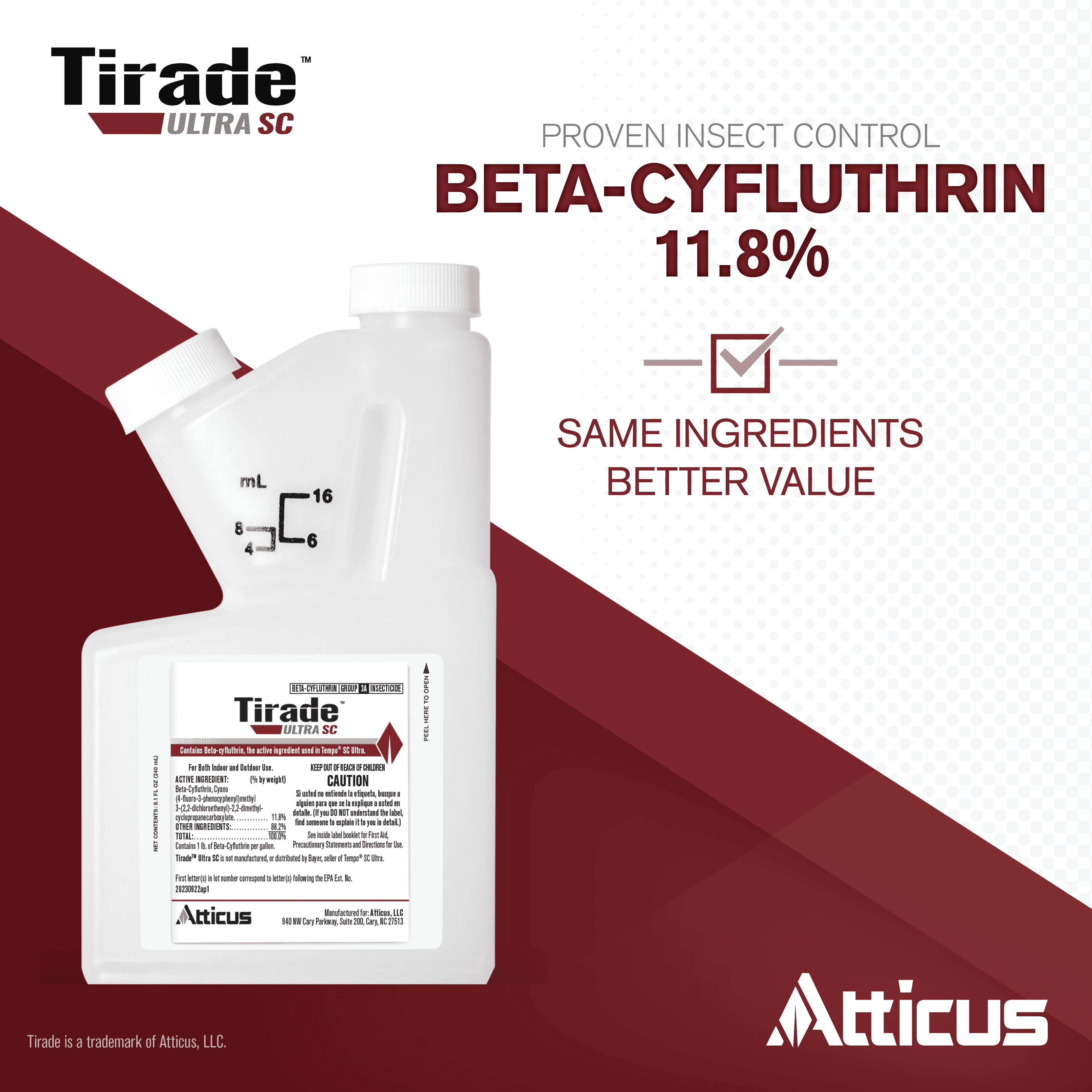 Tirade Ultra SC Insecticide (240 ml) by Atticus - (Compare to Tempo Ultra SC) - Beta-Cyfluthrin Pest Control for Indoor and Outdoor Use
