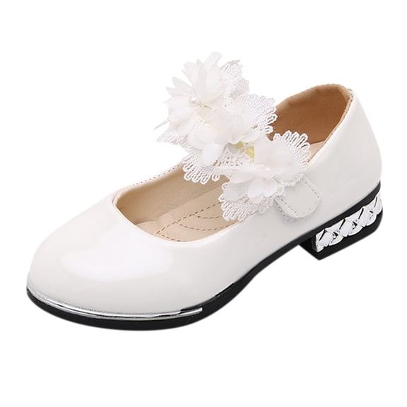 GiLiling Girls Mary Jane Dress Shoes, Floral Lace Appliqué Hook-and-Loop Strap, Low Heel Leather Princess Flats for Party Wedding and Everyday Wear (White, 3.5-4 Years)