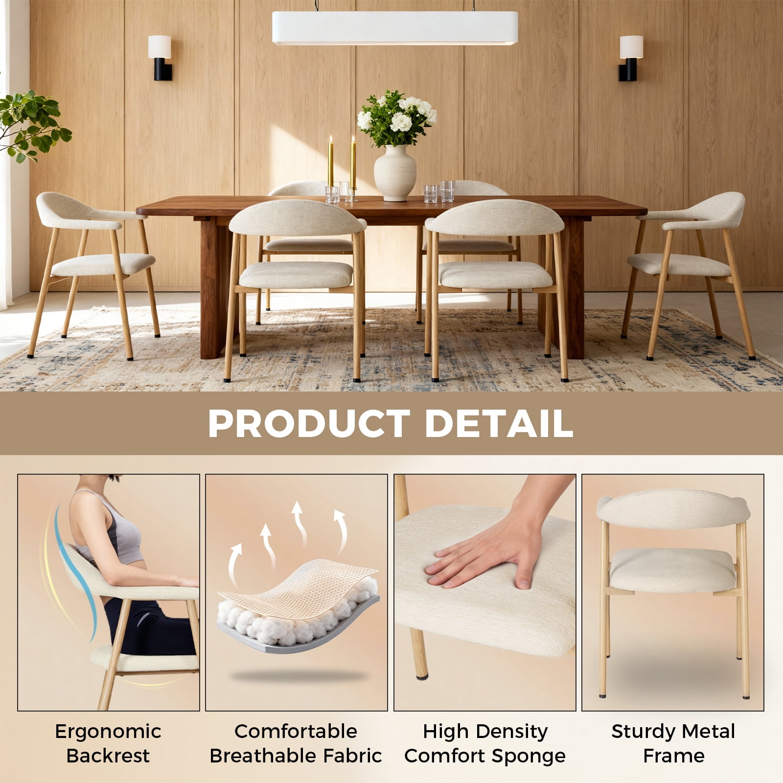 EDX Dining Chairs Set of 2, Modern Upholstered Kitchen Side Chairs for Dining Room, Ergonomic Padded Accent Seats with Sturdy Legs, Beige