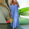 thumbnail image 2 of Plus Size Women's V-Neck Flowy Long Dress - Loose Fit Swing Short Sleeve Maxi Dress for Summer, Casual Wear, or Beach Cover-Up,Light Blue S, 2 of 5