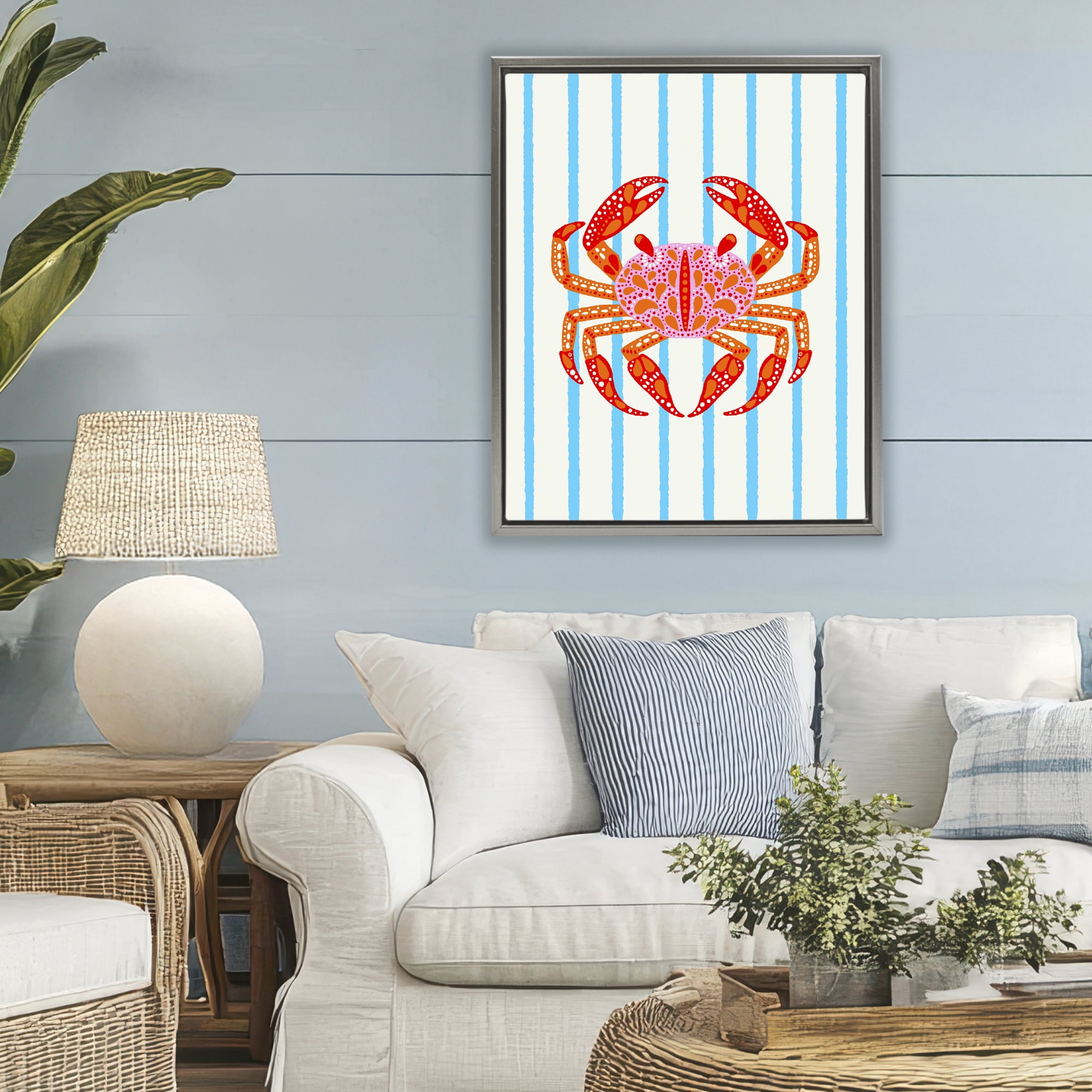 Stupell Industries Bright Crab on Stripes Gray Framed Floater Canvas Wall Art, design by Indira Prieto | IndySign