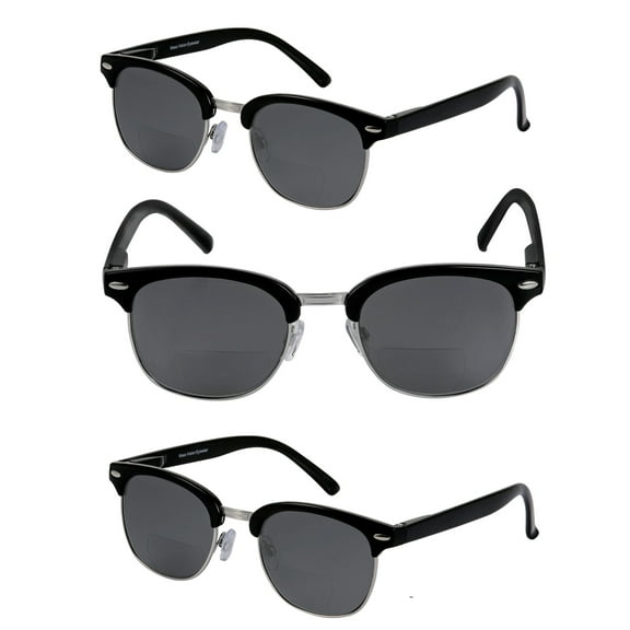 "The Executive" 3 Pair of Classic Unisex Semi-Rimless Bifocal Reading Sunglasses with Maximum UV Protection & Spring Hinges - Black - 1.25