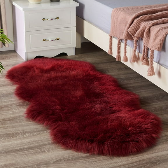 Plush Dark Red Fluffy Faux Fur Sheepskin Area Rugs 4 x 2ft Soft Shaggy Carpet for Bedroom Living Room Floor Mats