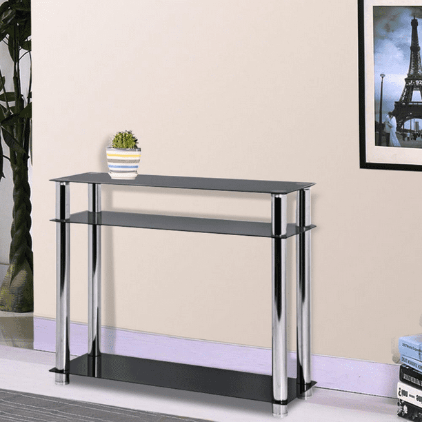 SMILE MART Modern 3Tire Glass Console Table with Stainless Steel Leg for Living room, Black