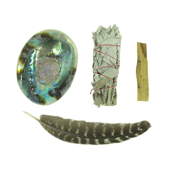 Sage Feather Abalone Shell Palo Santo Wood Smudge Kit Spiritual House Cleanse Reiki Smoke
