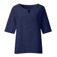 thumbnail image 3 of IROINNID Women's 3/4 Sleeve Imitation Linen Shirt Summer Casual Blouse Round Neck Lightweight Loose Fits Tunic Tops(Blue,), 3 of 4