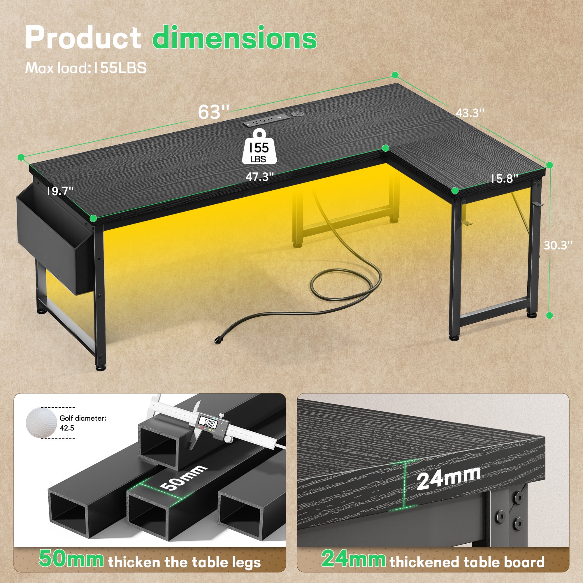 EnHomee L-Shaped Desk with Storage Reversible Gaming Desk with LED Lights Computer Desk with Storage Organizer,Black