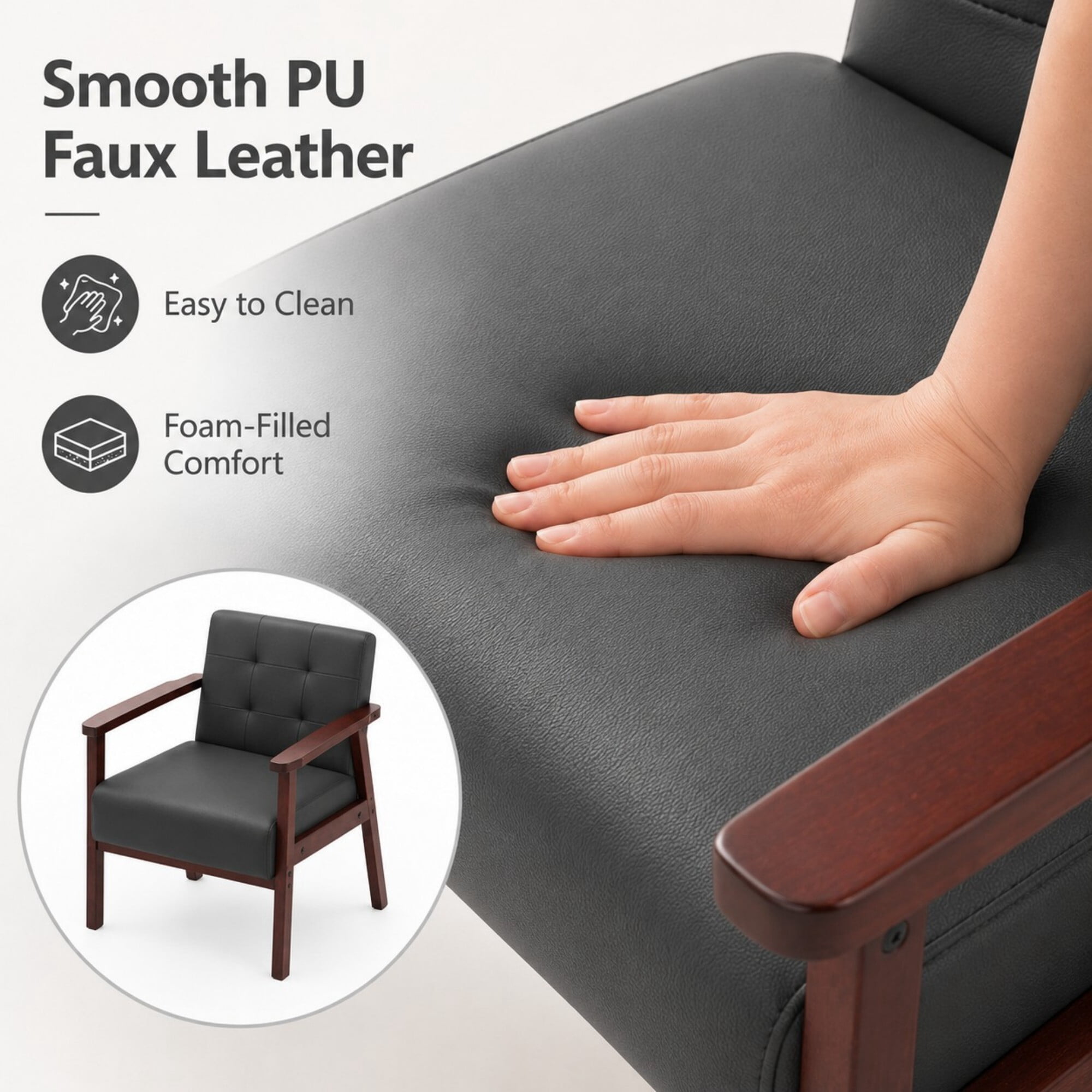 DEALTOPS Wood Accent Armchair, PU Upholstered Tufted Chair for Living Room Bedroom Office, Black