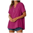 thumbnail image 4 of vigerkar Women Linen Short Sleeve Henley Tops V Neck Blouse Casual Summer Trendy Tee Shirts 2026 Vacation Fashion Clothes (Hot Pink, XL), 4 of 9