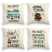 AVOIN colorlife Camper Trailer Campfire Throw Pillow Covers, 18 x 18 Inch Gimme S'More Tree Pillows Cushion Case for Sofa Couch Set of 4