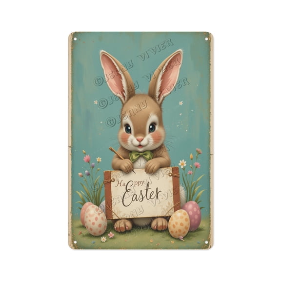 Vintage Aluminum Sign Featuring a Cute Bunny Writing an Easter Greeting, 12 x 16 Inches, Add a Whimsical Touch to Your Kitchen, Bedroom, or Living Room This Easter
