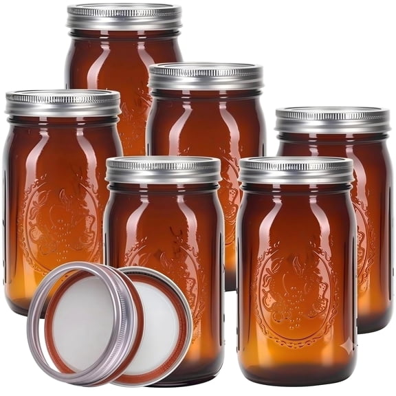 Wide Mouth Mason Jars, 6 Pack 32 Oz Amber Glass Canning Jars with Lids, Mason Jars for Fermenting, Freezing, Pickling, Pantry Storage and Home Decor