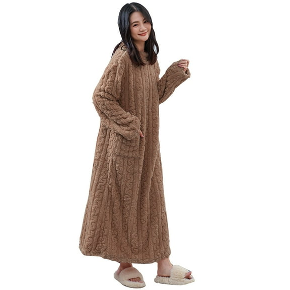 WCJM Fuzzy Robe for Women Women's Loose Thickened Home Clothes for Autumn and Winter Coral Fleece Nightgown Warm Pajamas Long Sleeved with Extended Length Long Style Women Robes