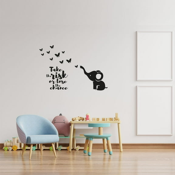 Take The Risk Or Lose The Chance Quote Cute Baby Elephants And Butterflies Design Vinyl Wall Sticker Art Decal Boys Girls Kids Room Design Bedroom Home Decor Stickers Decoration Size (18x20 inch)
