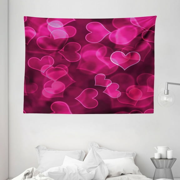 Hot Pink Tapestry, Cute Sweet Heart Shapes on Blurry Background Romantic Valentine's Day Design, Wall Hanging for Bedroom Living Room Dorm Decor, 80W X 60L Inches, Magenta Hot Pink, by Ambesonne