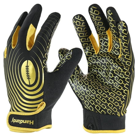 HANDLANDY College Football Gloves, Sticky Wide Receiver Grip Gloves for Men Black and Gold Stretch Fit Lineman Gloves, Medium