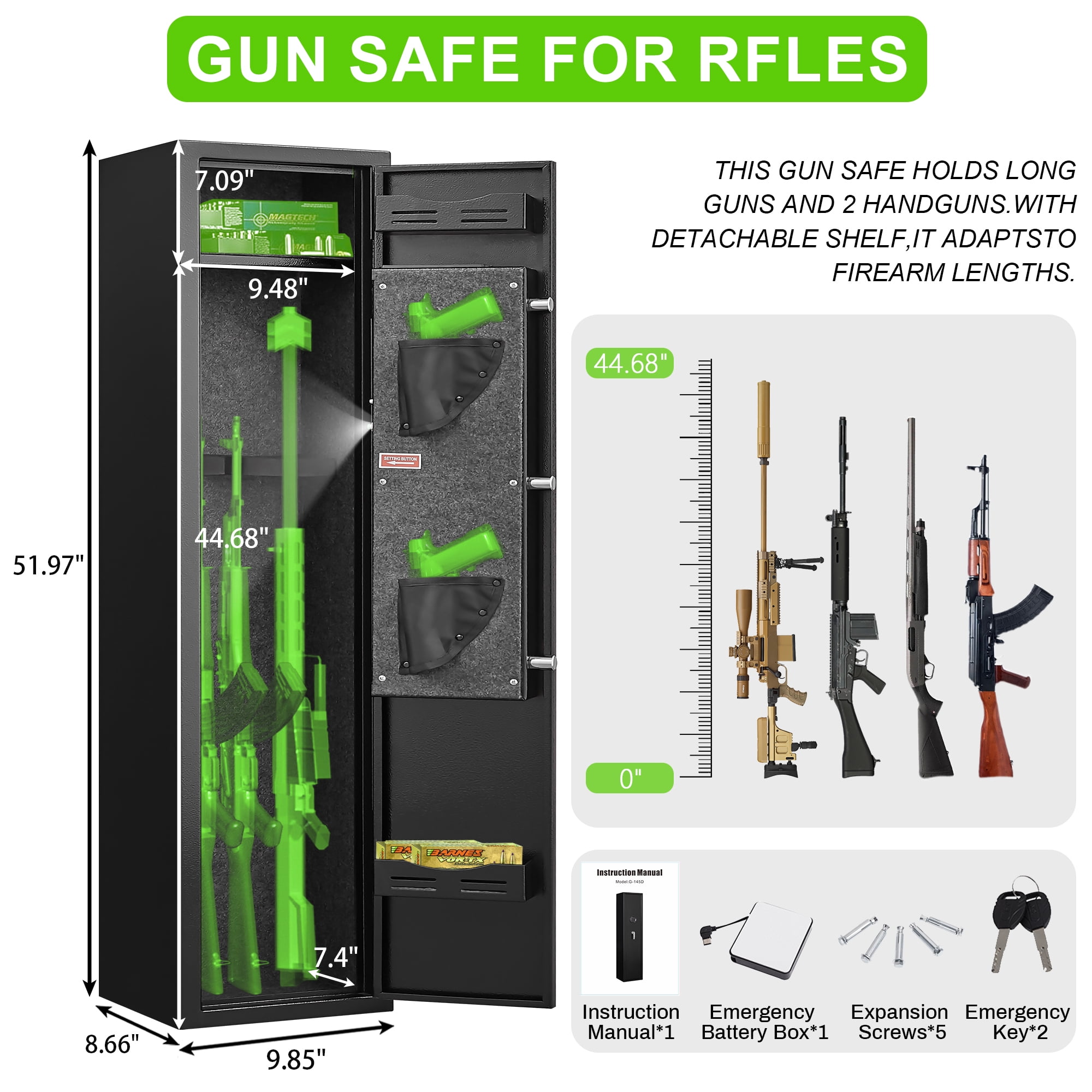 Foorsun 2-4 Rifle Gun Safe, Quick Access Long Gun Safe for Rifle and Shotguns, Rifle Safe for Home & Office, Rilfe Safe with LED Light, Alarm System, Adjustable Racks & Removable Shelves