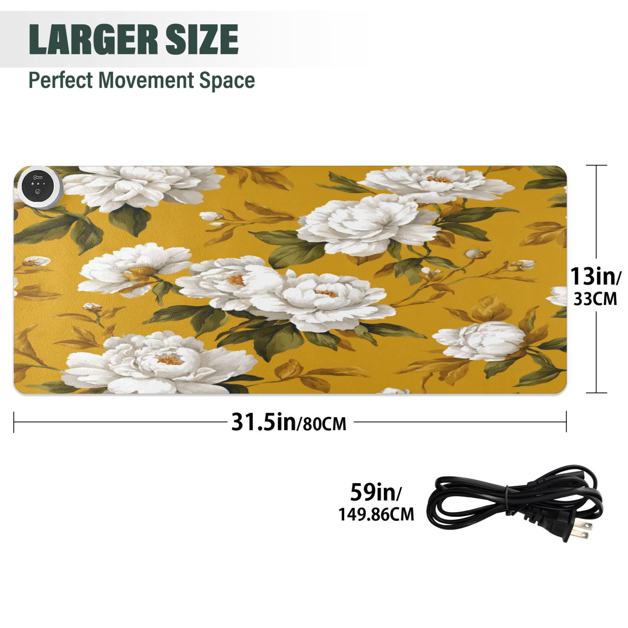 Large Heated Desk Mat Mouse Pad 31.5"x13"PU Leather Graphene Heating Desk Warmer with 3 Temperature Settings 110V US Plug Non-Slip Warm Pad for Home, Office, and Gaming Retro Yellow and White Peony