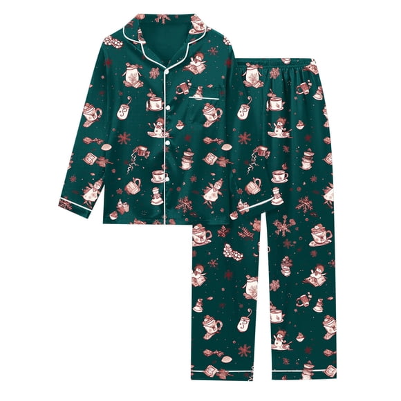 GDREDA Bridal Party Pajama Set Printed Women's Long Sleeved Pajamas Pajamas Women Pajama Sets pyjamas Dark Green,S