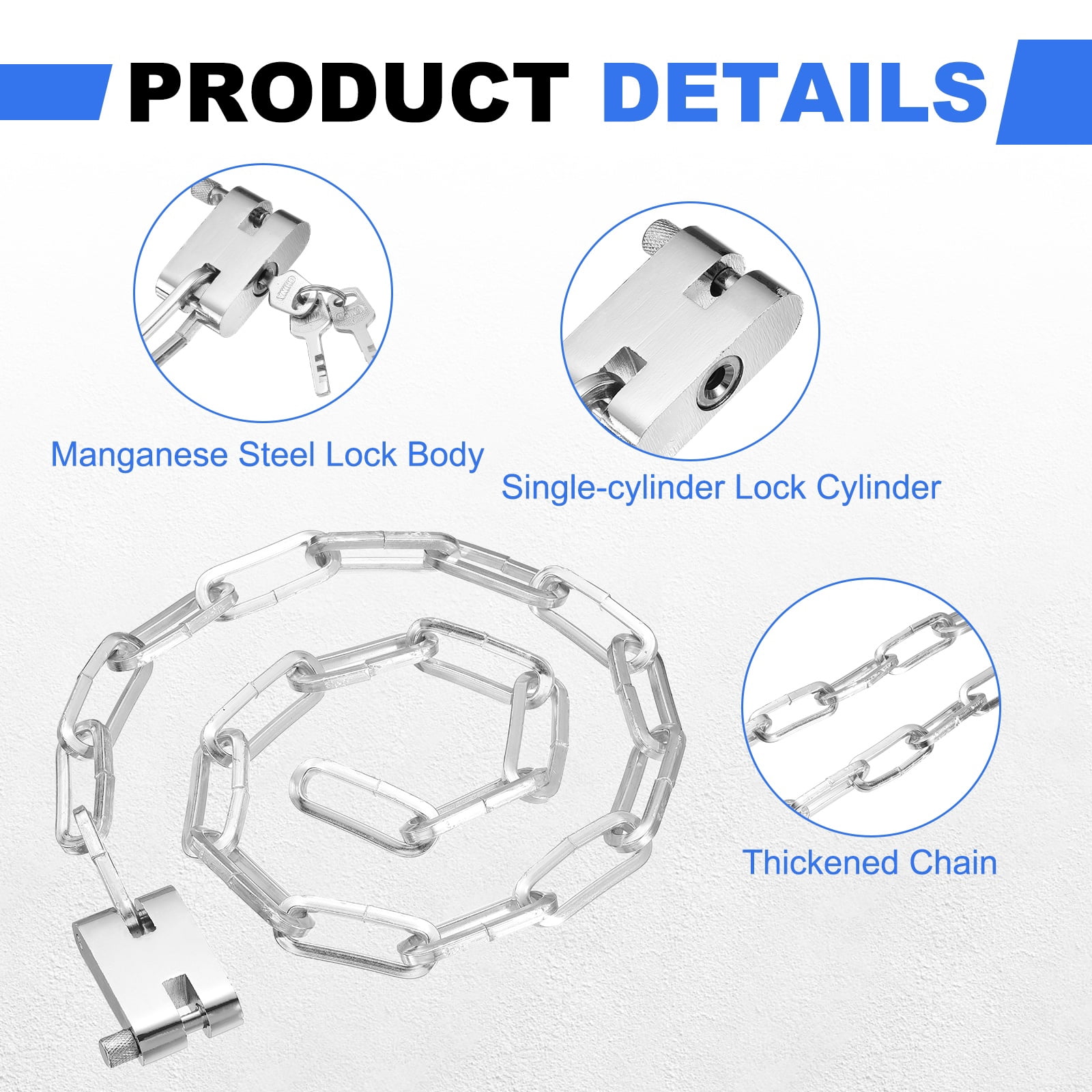 Bike Chain Lock, (50 Inch, Silver) (1 Pcs), Manganese Steel Anti-Theft Bicycle Square Chain Lock with Keys, Suit for - Bike/Motorcycle/Scooter/Truck