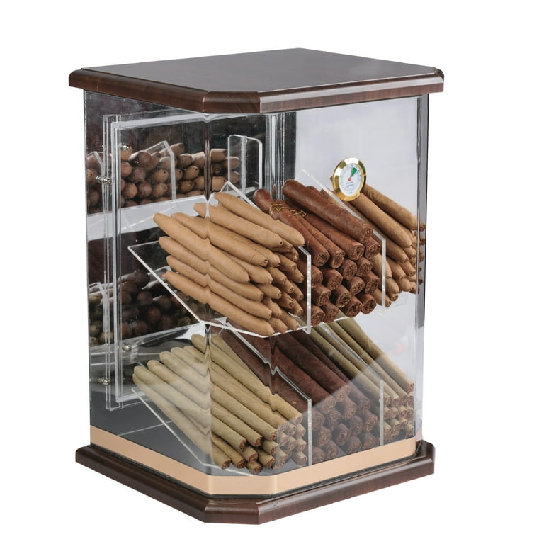 Franklin Wood Acrylic Display Cigar Humidor w/ 6 Bins & Hydrometer - Rich  Solid Wood Top & Base - Capacity: 150