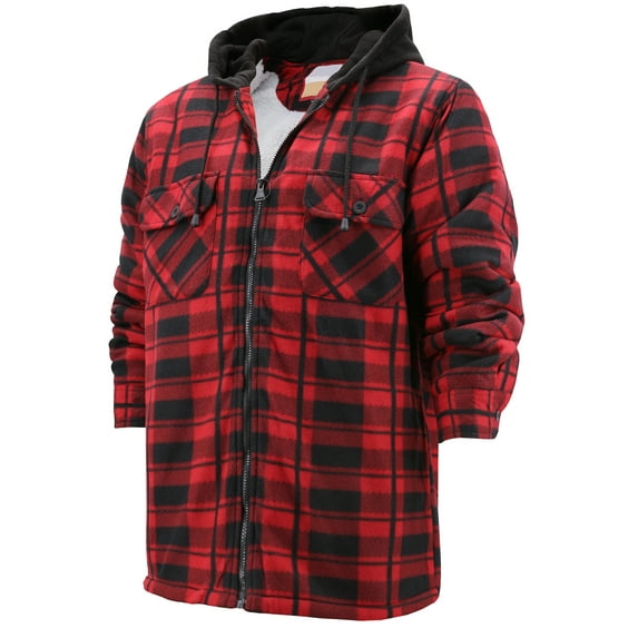 Men's Heavyweight Flannel Fleece Lined Plaid Sherpa Hoodie Jacket (37 - Red/Black, S)