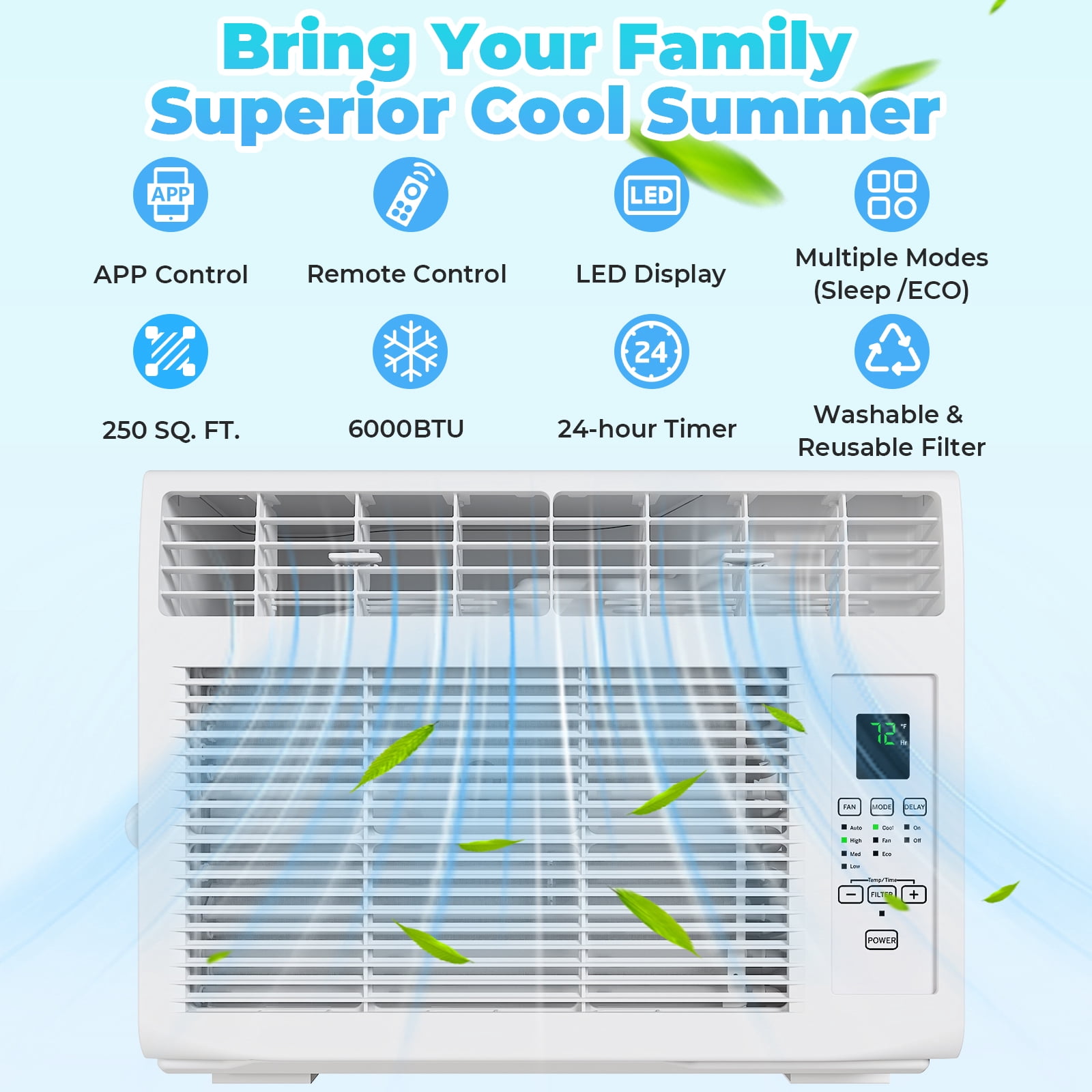 Ktaxon 6000 BTU Window Air Conditioner, 3-in-1 Cool/Fan/Dehumidifier Window AC Unit, Easycool Air Conditioner with Remote Control, Cools up to 250 Sq. Ft., Fits bedroom, study, office
