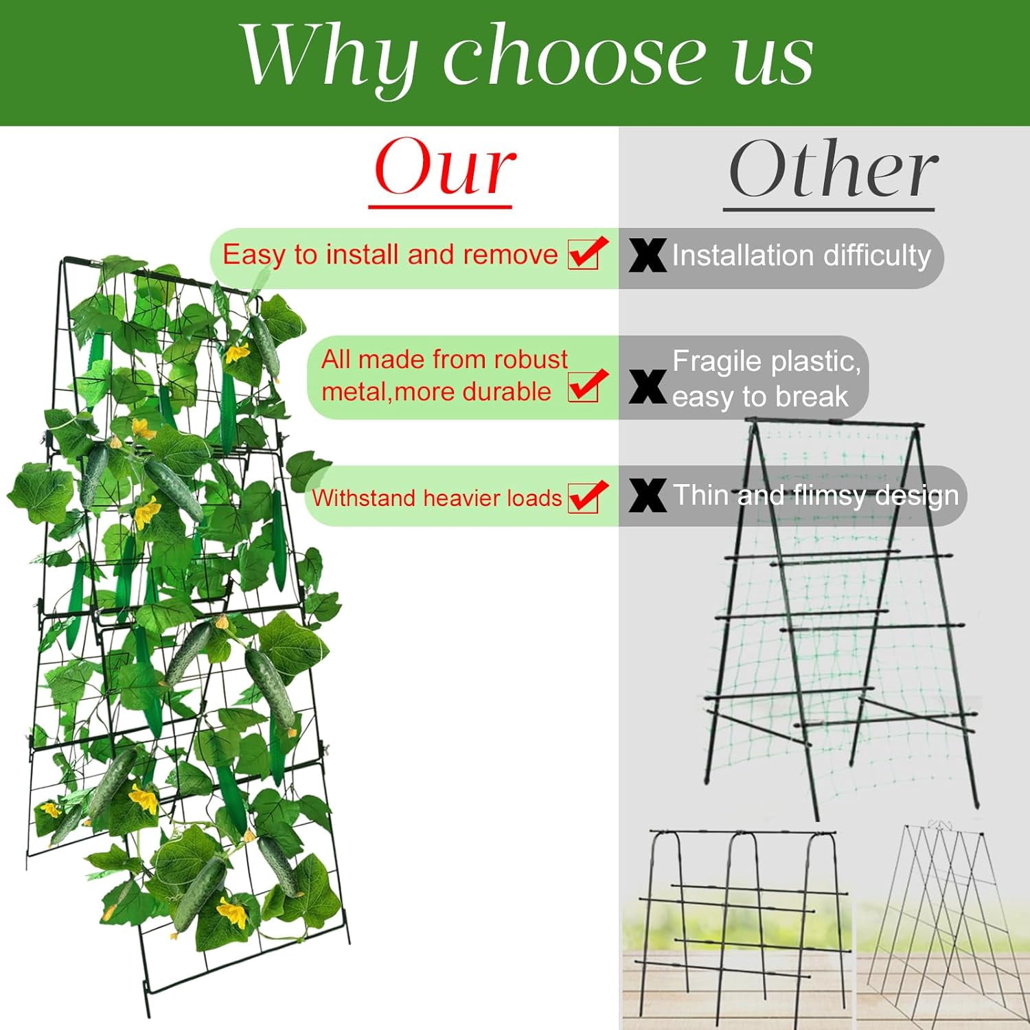 Thickened Cucumber Trellis for Raised Garden Bed,48"x16" Foldable Frame Metal Vegetable Trellis for Climbing Plants Outdoor Plant Support for Grape Tomato Peas, Fruit, Vine,Bean(Green) (1)