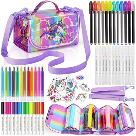 Hot Bee Fruit Scented Unicorn Marker Set, Painting Art Kit for Girls, 67 Piece Set with Markers, Crayons, Stickers, Christmas Unicorn Gift for Girls 4-12